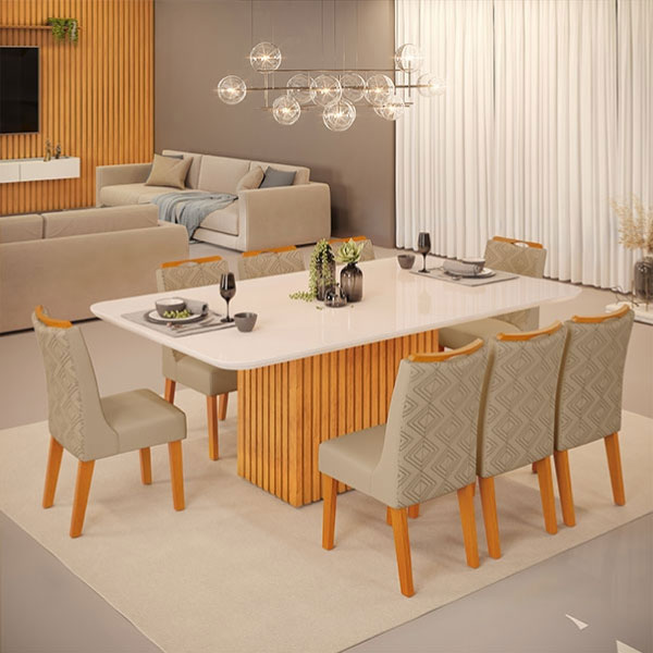 Conjunto Comedor 2000 Con Vidrio Canes 8 Sillas Stela DJ Madera Linho