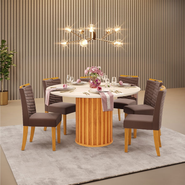 Juego Comedor 1360 Redondo Con Vidrio Viena 6 Sillas Julia DJ Cedro | Off White