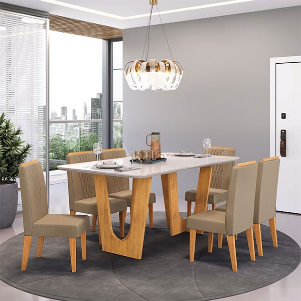 Juego Comedor 1700 Con Tampo De Vidrio Nala 6 Sillas Lia DJ Cedro