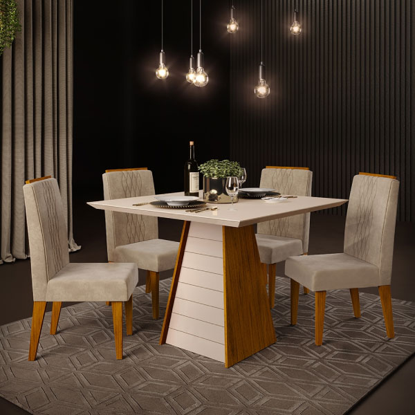 Juego Comedor 900 Con Vidrio Fler 4 Sillas Lia Dj Freijo | Off White