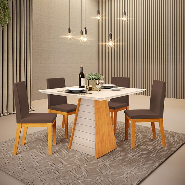 Juego Comedor 900 Con Vidrio Fler 4 Sillas Suzi DJ Mesa Cedro Off White