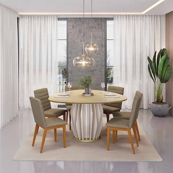 Juego Comedor Con Vidrio Redondo Tokyo 6 Sillas Sofia DJ Off White | Madera Linho Bege