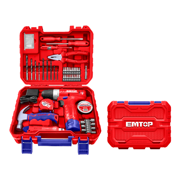 JUEGO DE HERRAMIENTAS EMTOP 96 PZS CON ATORNILLADOR 12V
