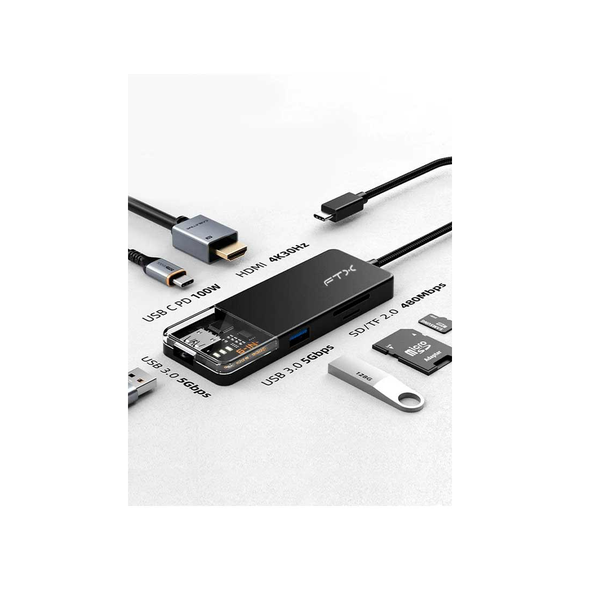 Hub 6 en 1 USB-C Multifunción HDMI + USB + SD 4K/30Hz 100W
