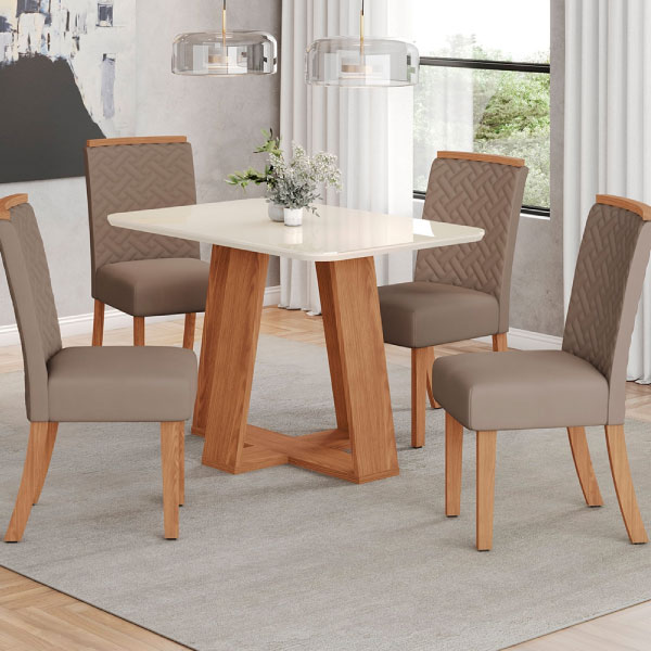 Juego Comedor 1200 Con Vidrio Lins 120 4 Sillas Malu Henn Nature | Off White | Tapizado