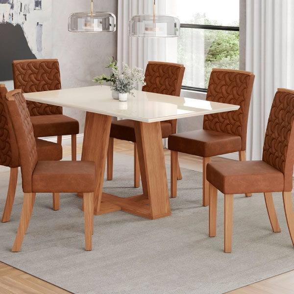 Juego Comedor 1600 Con Vidrio Lins 6 Sillas Esther Henn Nature | Off White | Tapizado C