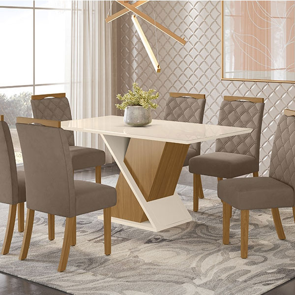 Juego Comedor 1600 Con Vidrio Solus 6 Sillas Bella Henn Tela Marron Almendra