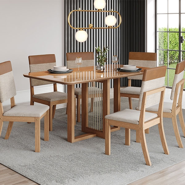 Juego Comedor 1600 Natali Arredondada Con Vidrio 6 Sillas Millas Plus Henn Nature