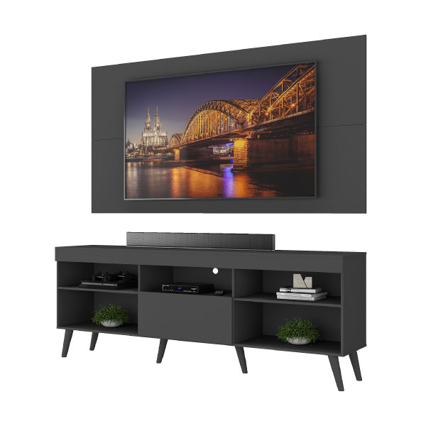 Rack Con Panel Multimoveis - Negro / Pies Retro Negro