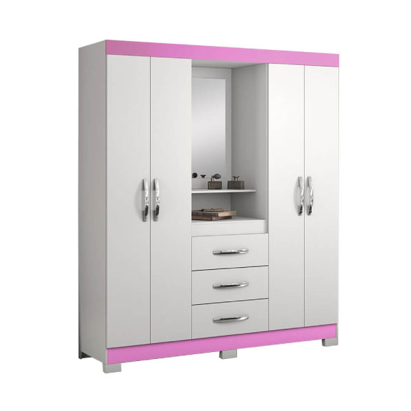 Ropero 4 Puertas 3 Cajones Con Espejo Puertas Capelinha Nt5015 Notavel Blanco|Rosa