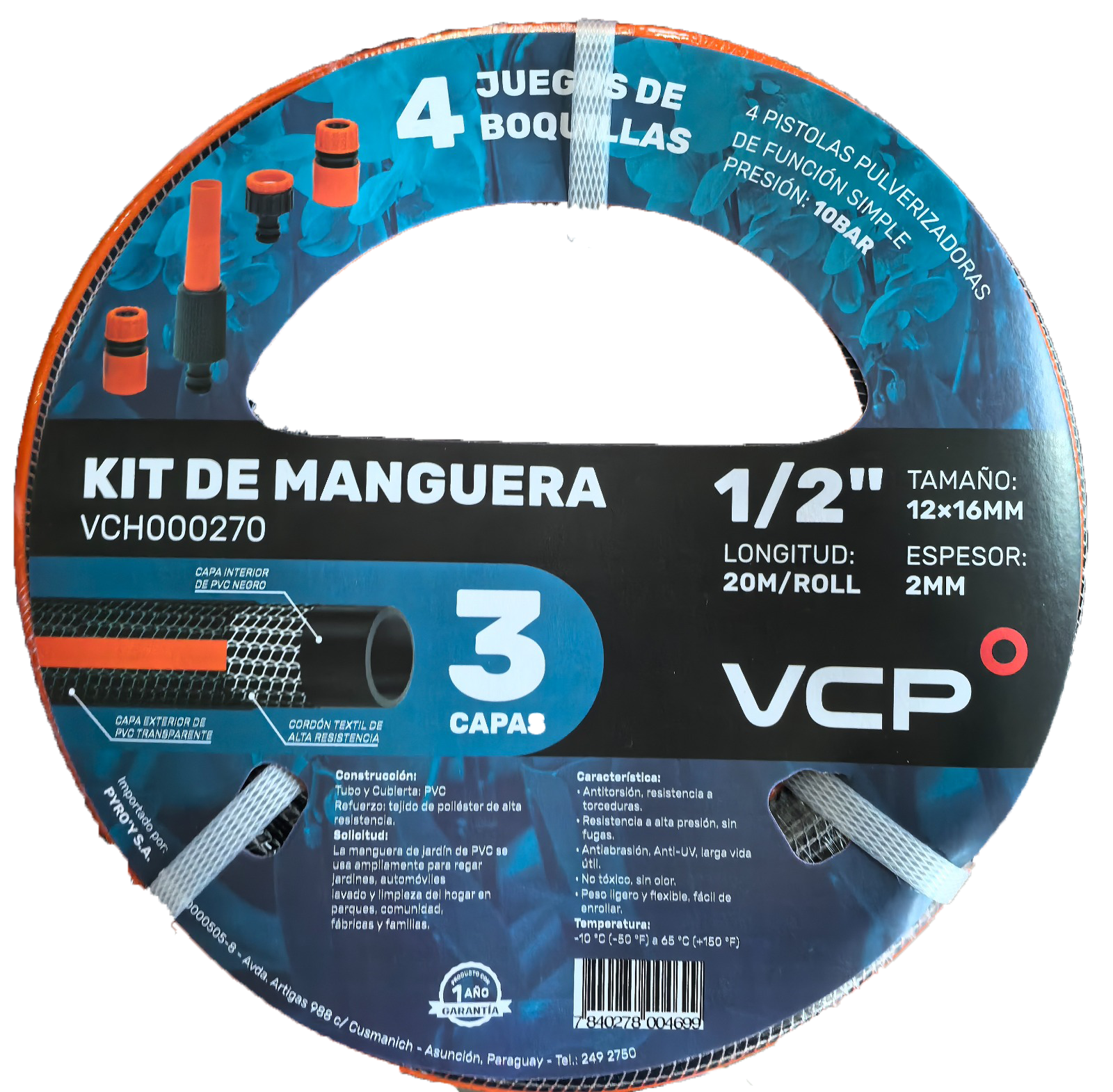 Kit De Manguera De 3 Capas VCP 1/2" 20M. 4 Juegos De Boquillas VCH000270